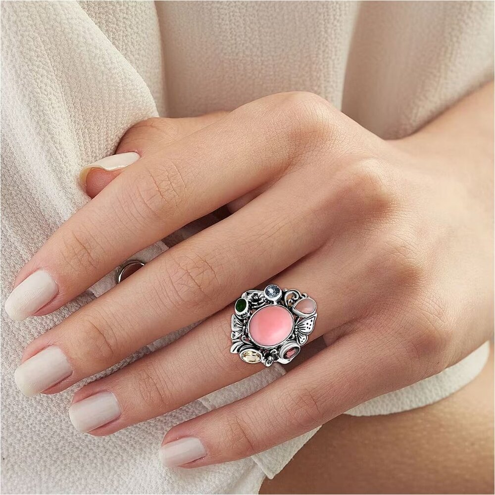 Bali Legacy ✦ Pink Opal & Multi Gemstone Ring ✦ 5.40ctw Sterling Silver Floral - Picture 11 of 16
